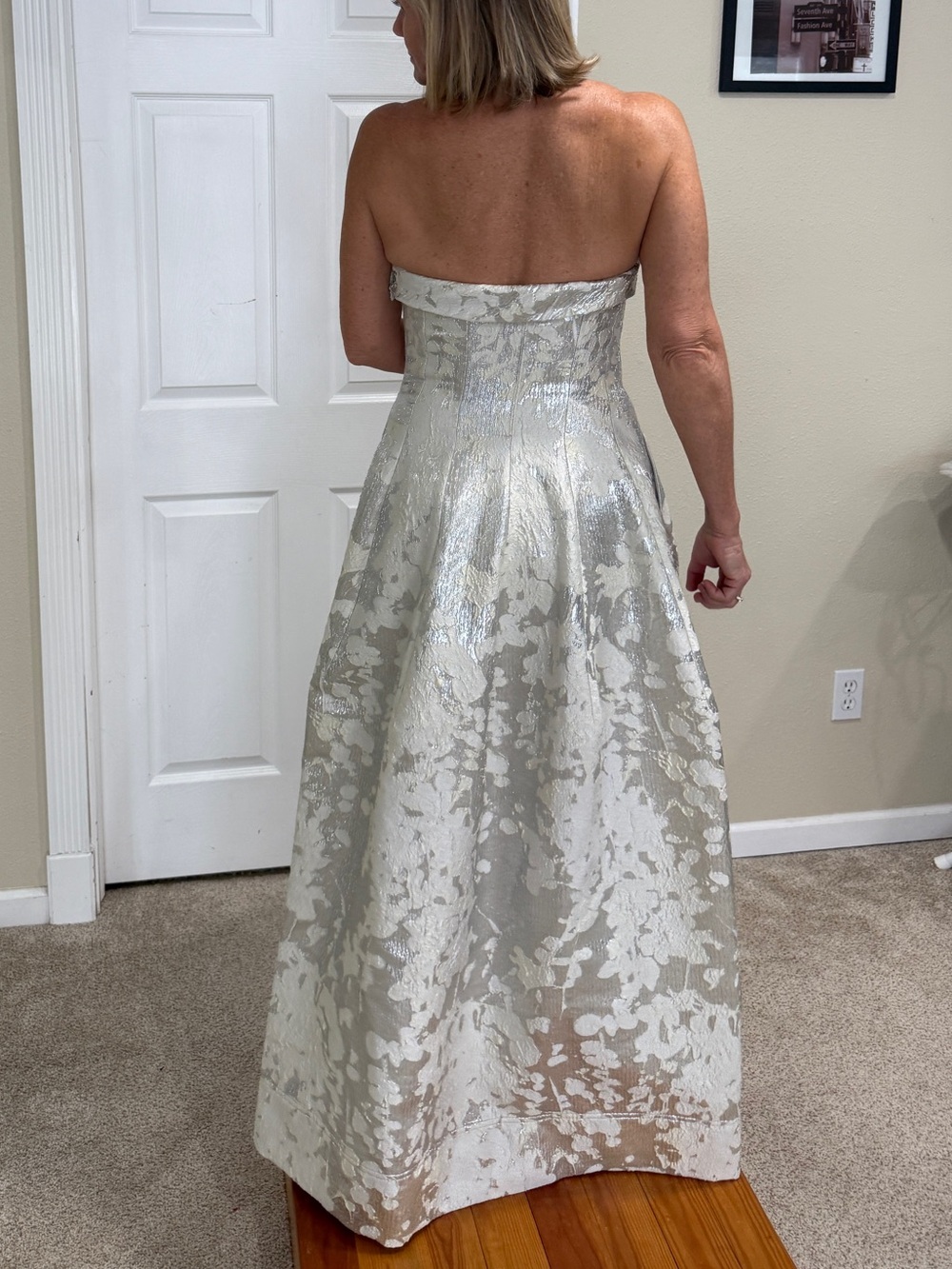 Strapless Ivory Floral Jacquard Evening Dress - Picture 2 of 2